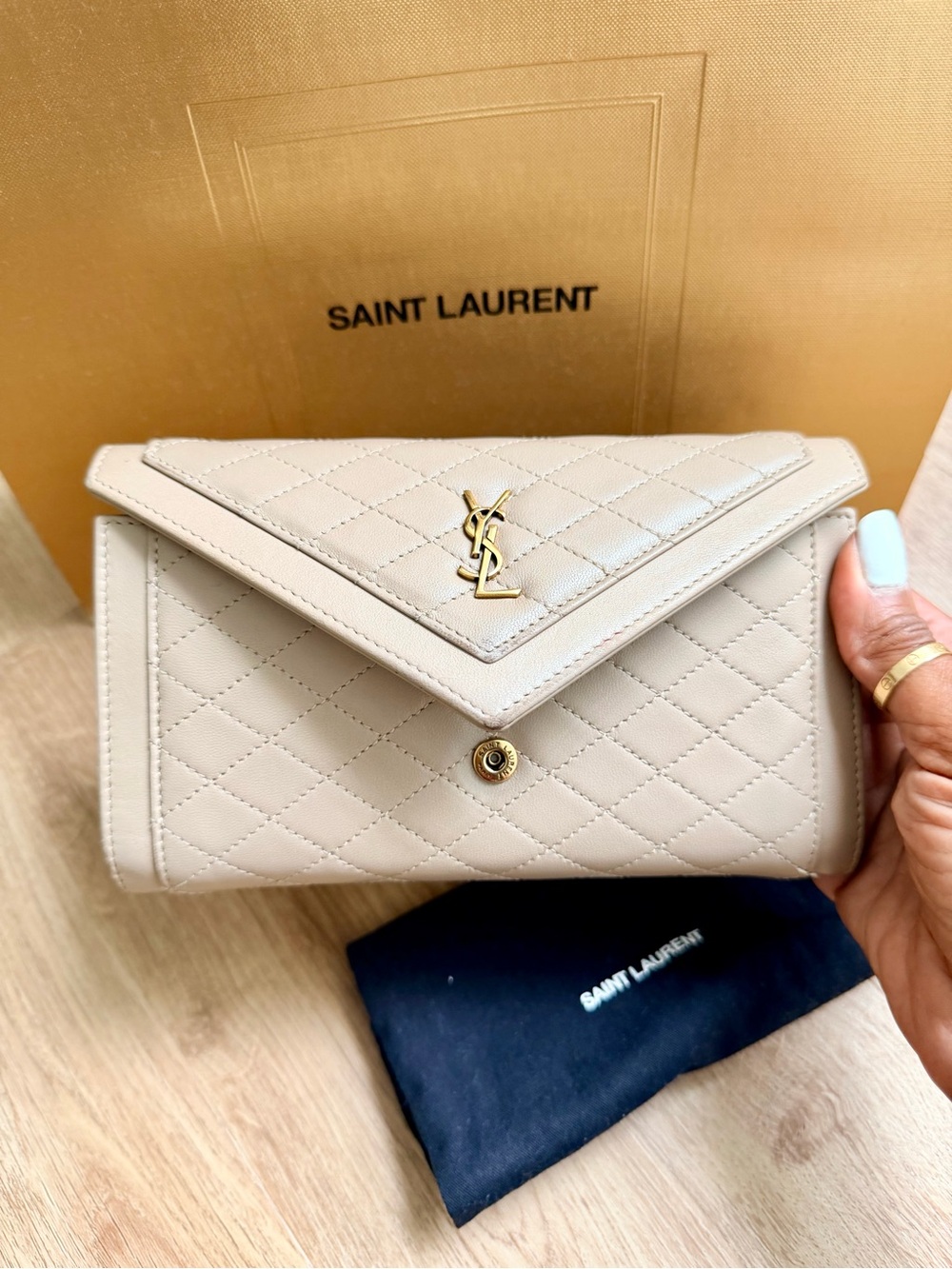Saint Laurent Cream Quilted Leather Envelope Wallet